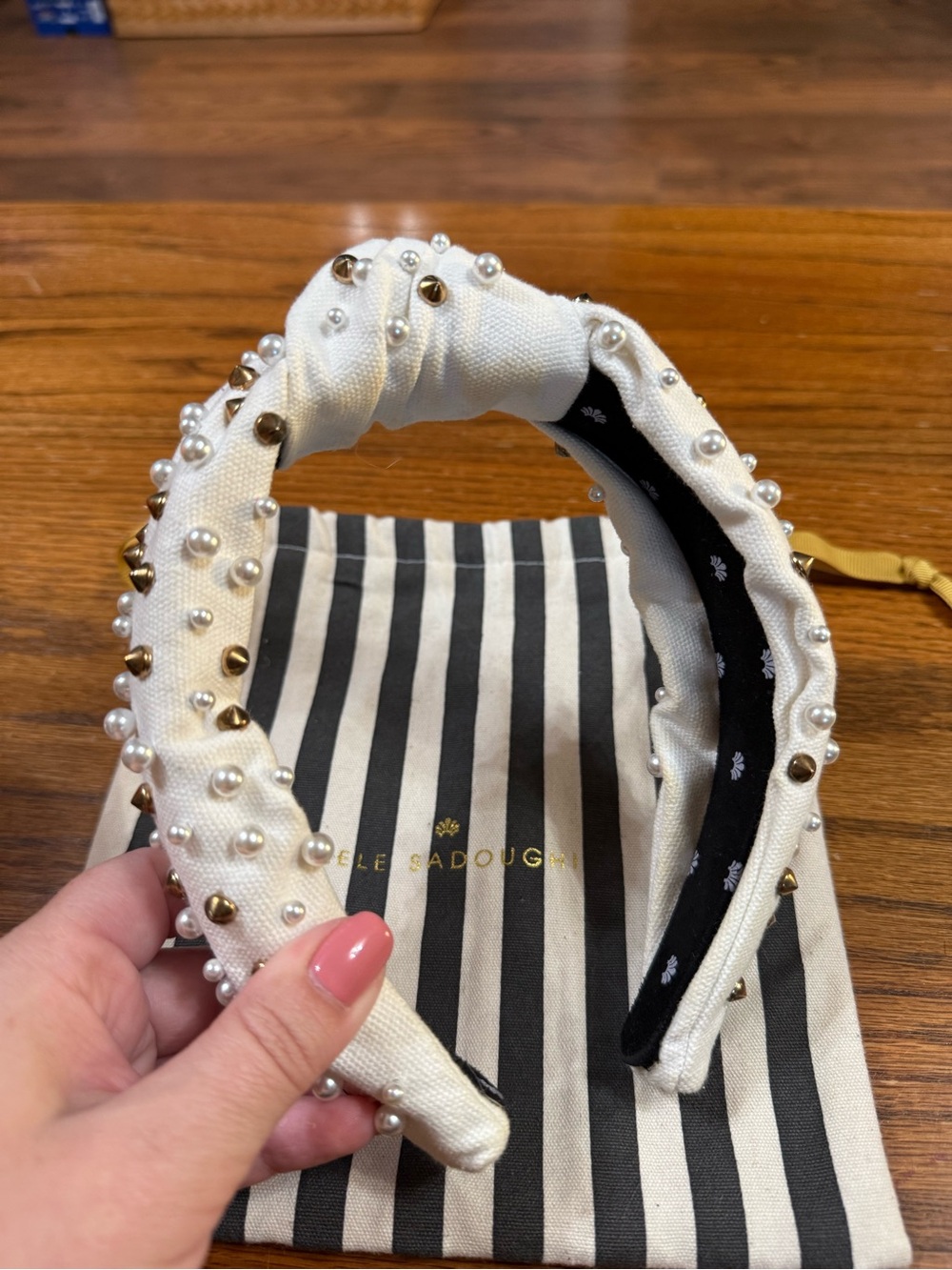 Lele Sadoughi White Pearl & Gold Stud Embellished Headband